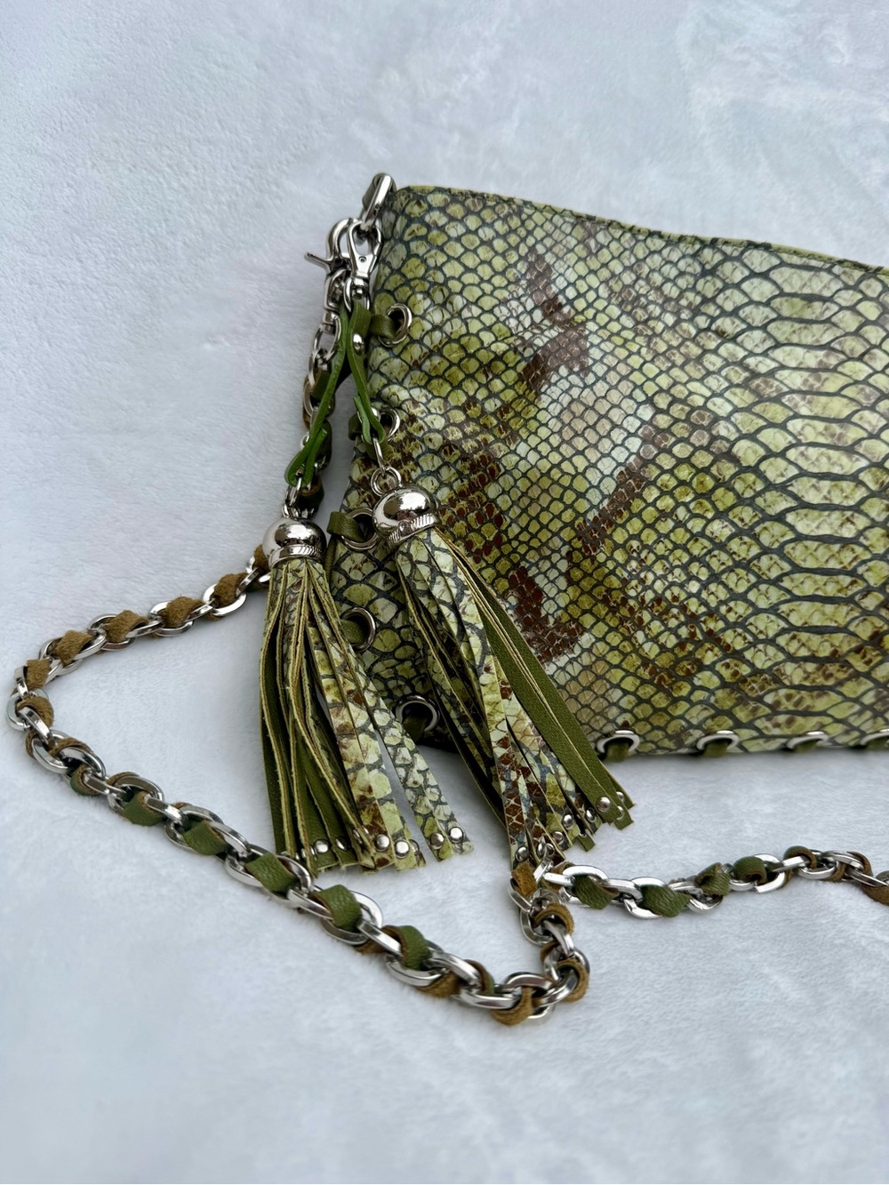 CHEZ Vintage Green Python Snake Print Convertible Shoulder Bag Clutch